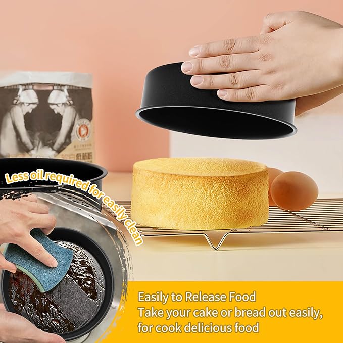 P&P CHEF Non-stick Cake Pan Set of 4, 6 Inch Round Baking Cake Pans Tins for Tier Smash Cakes, Non-Toxic & Solid, Stainless Steel Core & Leak-Proof, 4Pcs