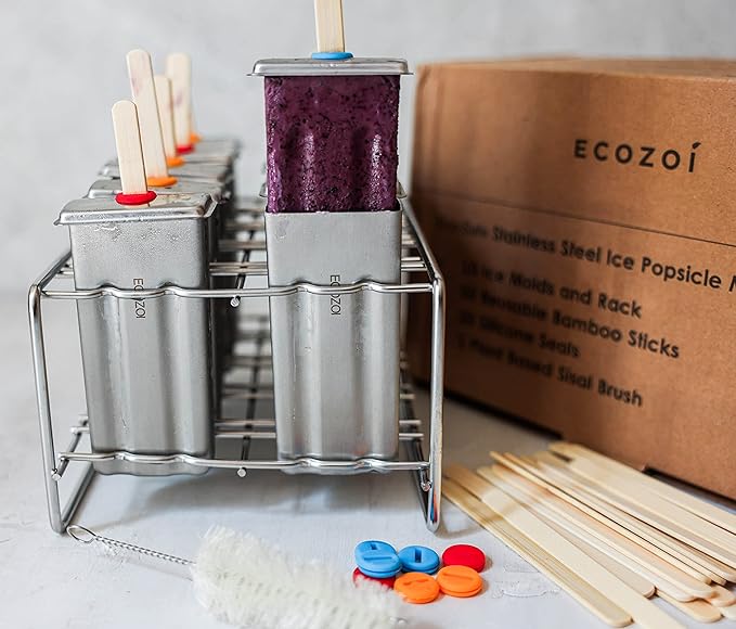 ecozoi Stainless Steel Popsicle Molds and Rack - 10 Square Ice Pop Makers + 50 Reusable Bamboo Sticks + 20 Silicone Seals + 1 Cleaning Brush + 1 Rack