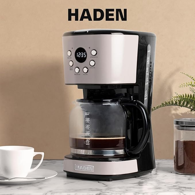Haden 12 Cup Programmable Drip Coffee Maker Coffee Machine Bundled with Dorset 2 Slice Wide Slot Stainless Steel Toaster, Putty & Chrome