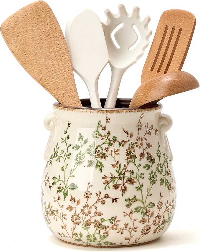 Utensil Holder for Kitchen Counter, Modern Farmhouse Rustic Cooking Utensil Holder and Crock, Exquisite Chinoiserie Floral Ceramic Utensil Organizer for Home Kitchen Decor- Green and Beige