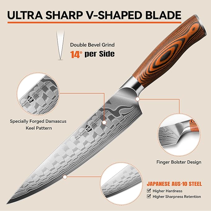 TUO 8" Chef Knife in Japanese Steel AUS-10, 67 Layers Damascus Kitchen Knife, High Carbon Steel Blade with Dragon Pattern & Pakkawood Handle