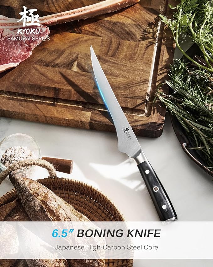 KYOKU 6.5" Boning Knife for Meat Cutting, Samurai Series Filet Knife with Pakkawood Handle, Japanese High Carbon Steel, Full Tang Kitchen Knife for Lamb Chop Pork Shoulder with Sheath and Case