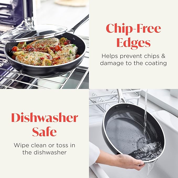 Orfeo 3QT Nonstick Saute Pan with Lid, Made in Italy, Diamond Ceramic PFAS-Free Cookware, Induction Ready, Scratch Resistant, Laser-Fused Surface for Durability, Dishwasher Safe, Black