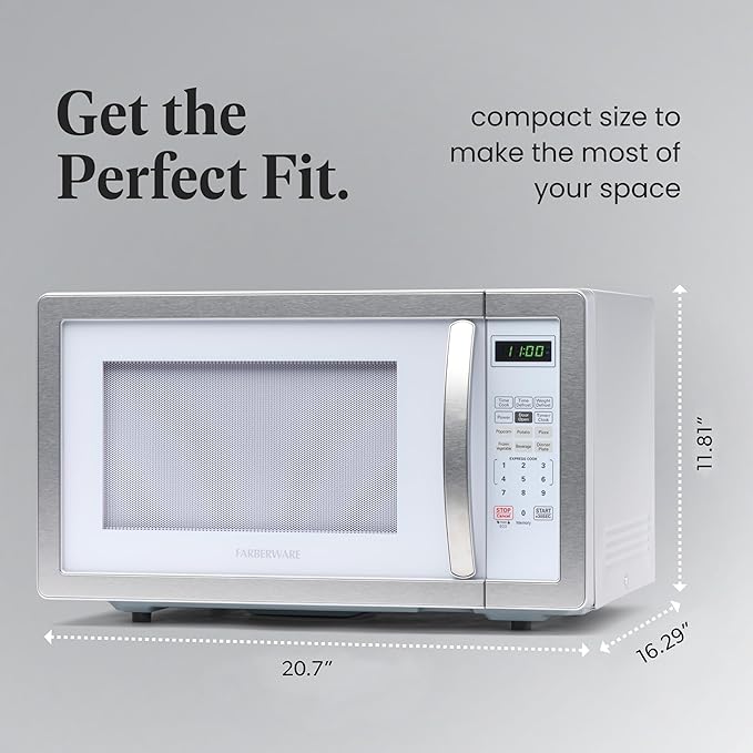 Farberware Countertop Microwave Oven 1000 Watt Power Auto Cook Settings, Defrost, Easy Clean and Child Safety Lock, 1.1 Cu. Ft, White Platinum