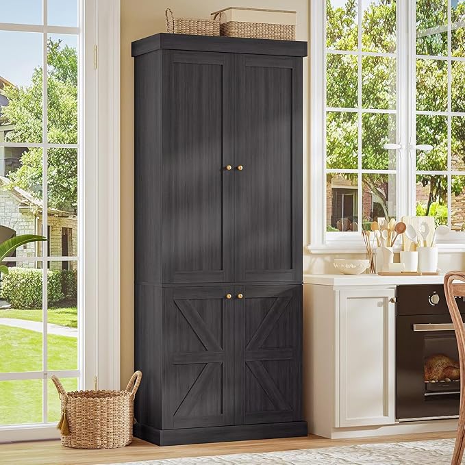 70.8" Tall Bookshelf with Doors, Farmhouse Modular Bookcase with 4-Tier Adjustable Shelves, Large Storage Cabinet for Home Office, Living Room, Black, Set of 2