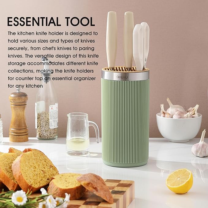 Knife Block without Knives, OLULU Universal Round Knife Block Holder, Spacing Saving Knife Storage Organizer Stand Rack for Countertop (Stylish Green+Yellow Color)