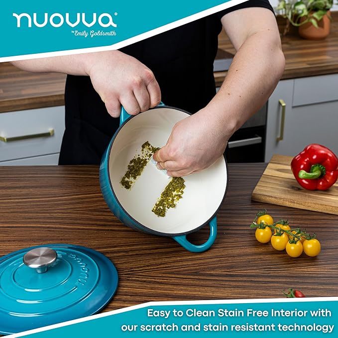 Cast Iron Dutch Oven with Lid – Non-Stick Ovenproof Enamelled Casserole Pot – Sturdy Dutch Oven Cookware – Teal, 5-Quart, 24cm – by Nuovva