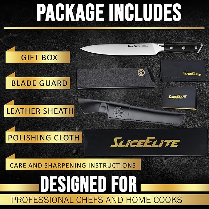 SliceElite Slice Series 8 Inch Carving Knife High Carbon German Stainless Steel Pakkawood Handle Brisket Slicer Chopper BBQ Chef Sharp Fruit Vegetable Butcher Kitchen Cutting Meat Tool Gift Precision