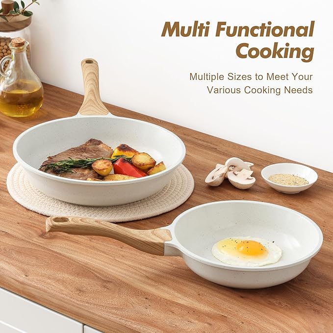 SENSARTE Nonstick Frying Pan Skillets, White Ceramic Coating Omelette Pans, Healthy Cookware Chef's Pan, Free of PTFE & PFAS (8+10 Inch)