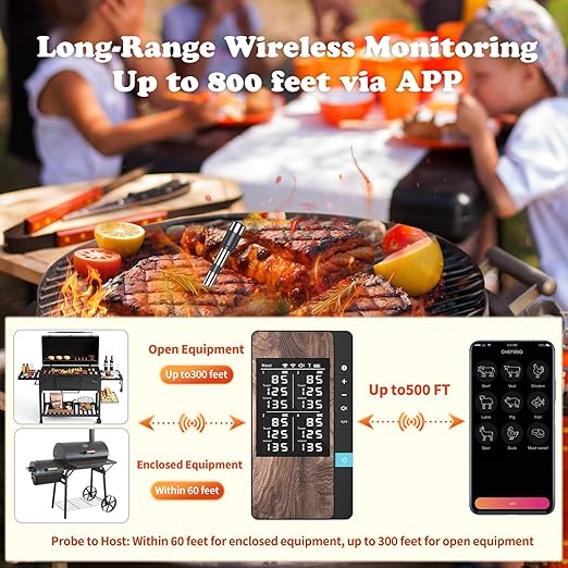 Wireless Meat Thermometer-Multi Sensors Digital Food Thermometer with Ultra-Thin Probes, Accuracy Smart Bluetooth Meat Thermometer for Steak, BBQ, Oven, Grill, Smoker (4 Probes)