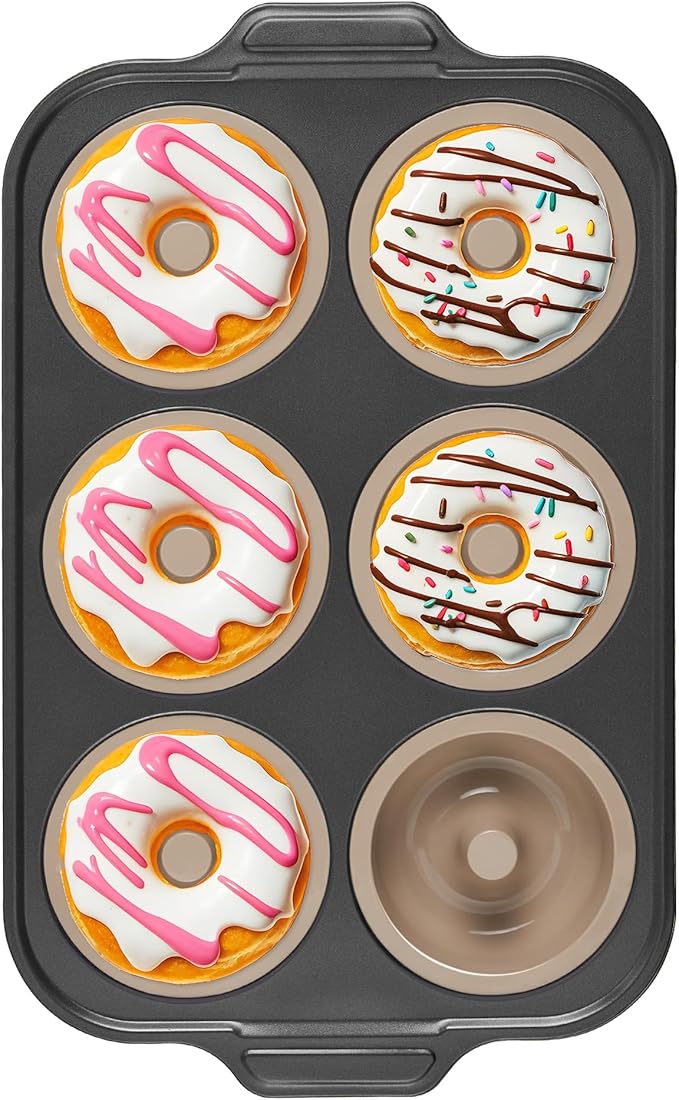 BRONYPRO Silicone Donut Pan for Baking with Metal Frame, 3.35 Inch Large doughnut pan,donut molds for baking Nonstick Non Toxic Bakeware for Oven, Brown