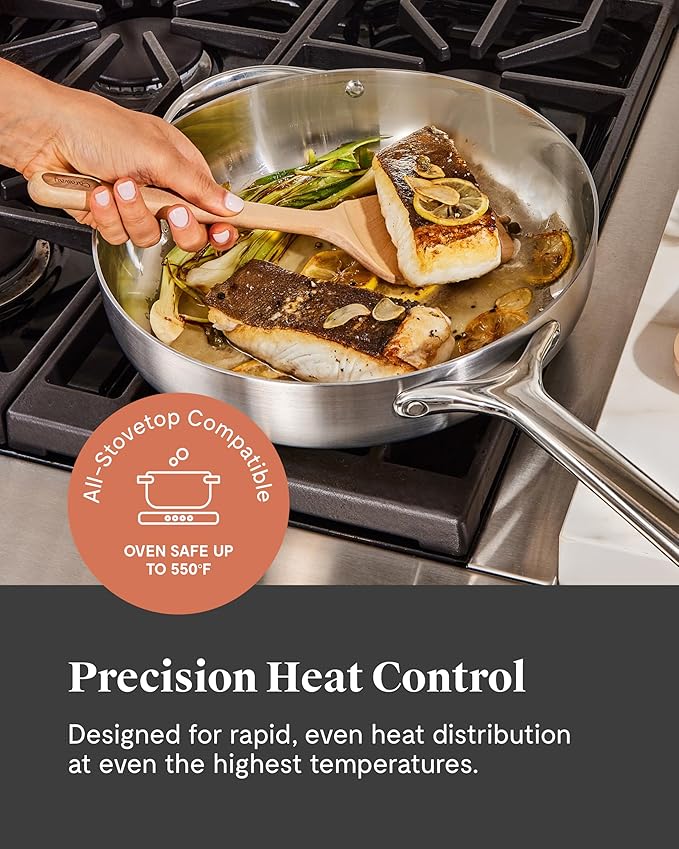 Caraway Stainless Steel Sauté Pan (4.5 Qt) - 5-Ply Stainless Steel - Oven Safe & Stovetop Agnostic - Non Toxic, PTFE & PFOA Free