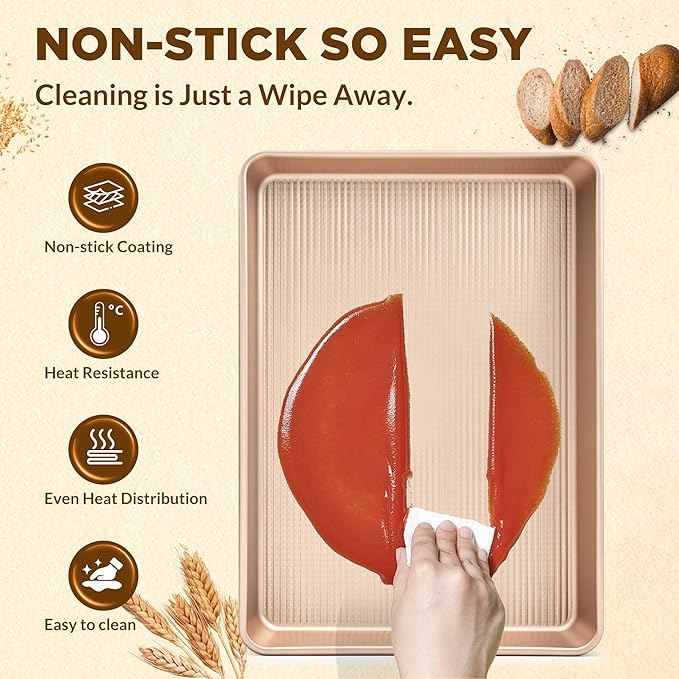 Saker nonstick baking sheet pan set,Multi-Use Non-Stick Baking Pan Set, Stackable Carbon Steel Cookie Sheets for Even Baking, Roasting & Meal Prep, Oven Safe & Easy Clean (Champagne Gold)