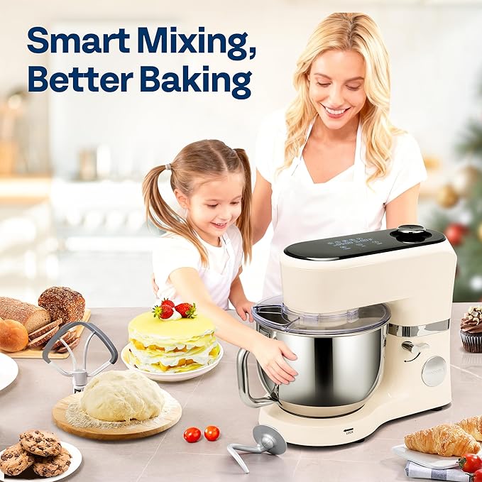 VIVOHOME Stand Mixer with Fermentation, One-Touch Presets Electric Dough Mixer with 6 Qt Bowl, Kitchen Standing Mixer for Baking, Cake with Flex Edge Beater, Bread Hook, Whisk, White