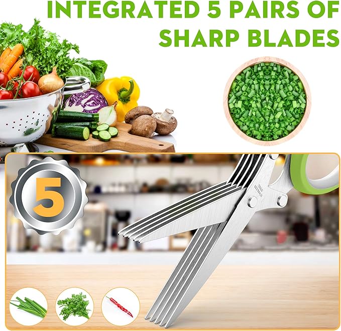 Herb Scissors Set - Updated 2025 Cool Kitchen Gadgets for Cutting Fresh Garden Herbs - Herb Cutter Shears with 5 Blades and Cover, Sharp and Anti-rust Stainless Steel, Dishwasher Safe (Green-White)