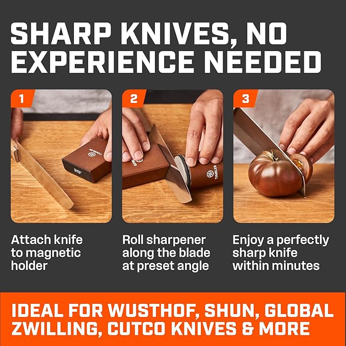 The Original Tumbler Rolling Knife Sharpener™ – Easy Manual Sharpener for Kitchen, Outdoor & Utility Knives – 15° & 20° Angle Guides