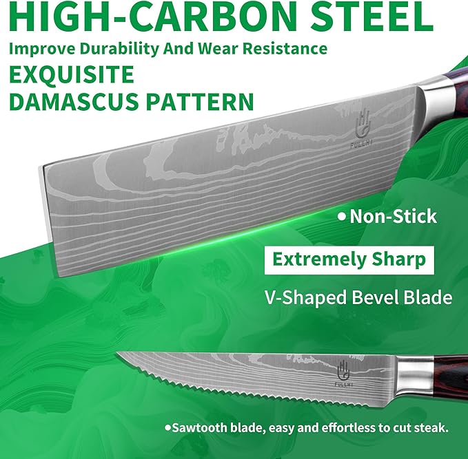 FULLHI 14pcs Block Knife Set, Chef's Knife Steak Knives Set with Block and Sharpener, Kitchen Knife Set, Multi-colour Handle, Gifts for Men Women