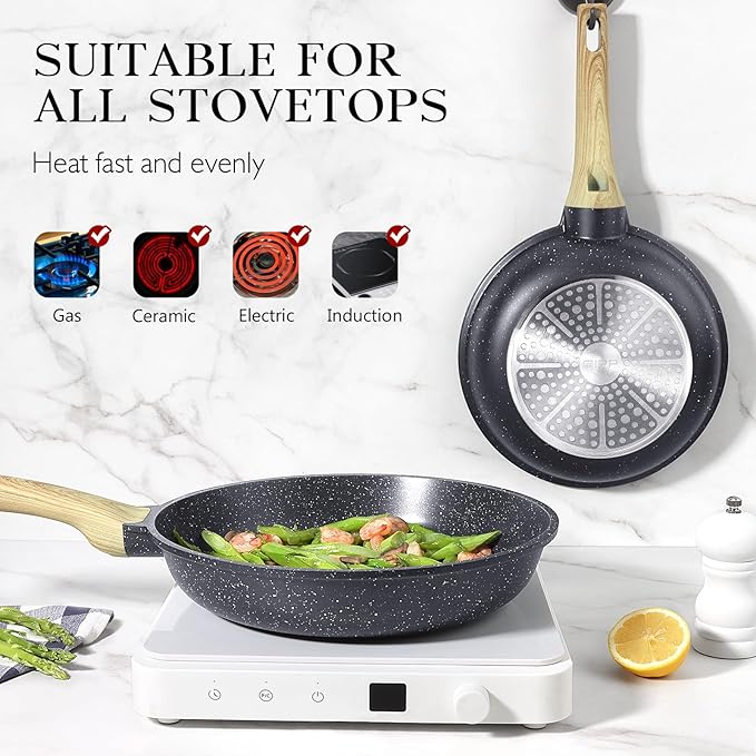 GiPP Nonstick Frying Pan Skillet with Lid - 9.5" Grey Granite Non Stick Pans, Omelette Pan with Heat-Resistant Handle, Compatible with All Stovetops, PFOA Free