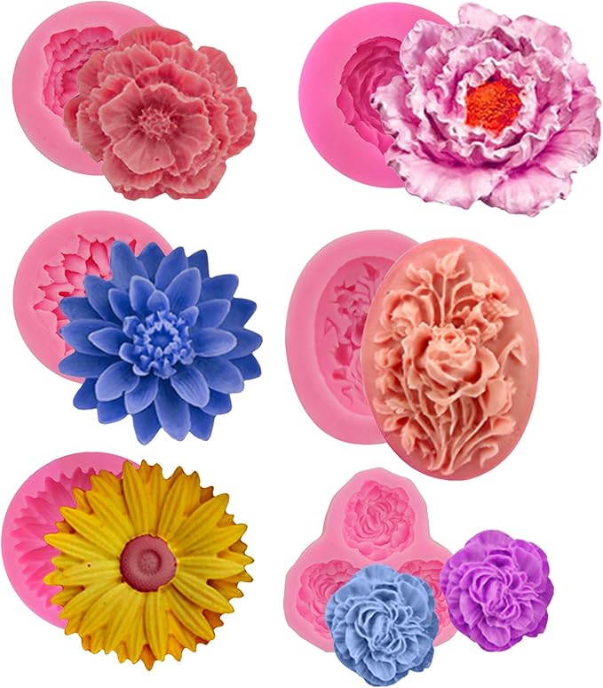 6 Pack Flower Mold: Peony, Rose, Sunflower Resin Casting Molds for Candle Making, Home Decor, 3D Animal Silicone Molds