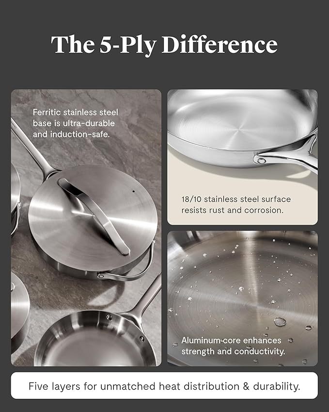 Caraway Stainless Steel Sauté Pan (4.5 Qt) - 5-Ply Stainless Steel - Oven Safe & Stovetop Agnostic - Non Toxic, PTFE & PFOA Free