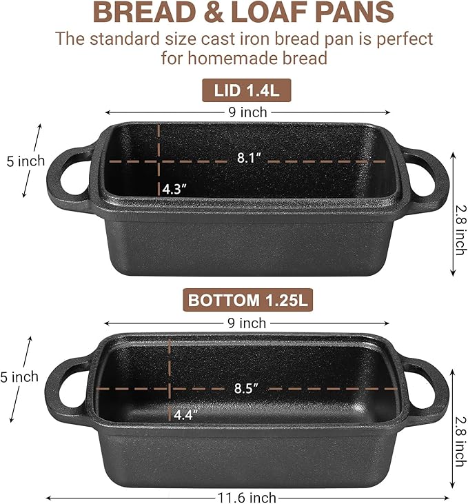 2 in 1 Cast Iron Bread Pan with Lid, Durable Loaf Pans for Baking Homemade Sourdough and Meatloaf, Bread Oven Cast Iron Cookware, Bread Loaf Pan, Sourdough Baking Pan