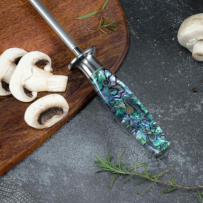 SENKEN Professional Emery Knife Sharpening Steel - Incredibly Strong Emery Rod for Sharpening & Honing Knives Up to 63 HRC Including All Damascus Knives ("Umi" Abalone Shell)