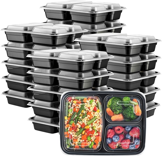 GUSTO [24 oz - 50 Count 3-Compartment Meal Prep Containers with Lids – Reusable, Microwaveable, Dishwasher & Freezer Safe, BPA-Free Food Storage Boxes for Portion Control (Formerly Comfy Package)