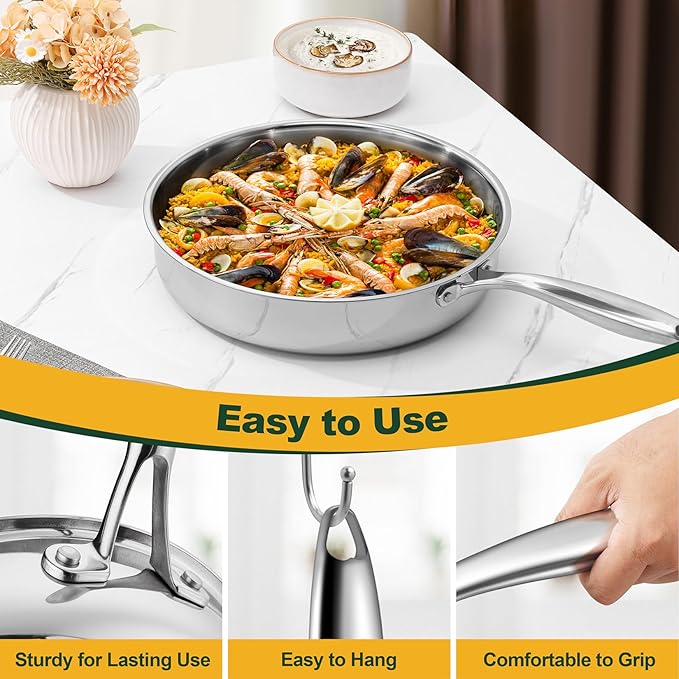 P&P CHEF 12 Inch Stainless Steel Frying Pan, 3-Ply Stainless Steel Pan Skillet, Induction Stir-fry Pan, Oven & All Stoves Safe, Heavy Duty & Even Heat, Dishwasher Safe, Silver, (1 Piece)