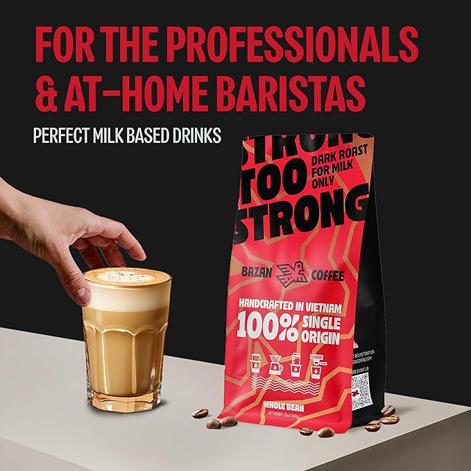 BAZAN COFFEE Too Strong Vietnamese Robusta Ground Coffee - Dark Roast High Caffeine - Bold Espresso Flavor Low Acidity - 12oz Bag