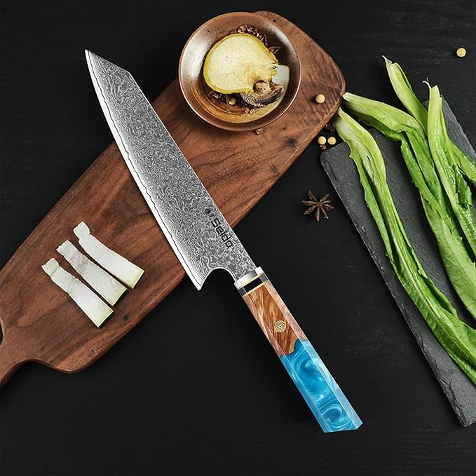 Seido Knives Kiritsuke Damascus Steel Chef Knife Epoxy Resin Stabilized Wood Handle Professional Kitchen Knife VG10 High Carbon Stainless Steel, Sapphire Blue