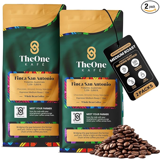 TheOne Kafé Guatemala Medium Roast Whole Bean Coffee – Organic, Single Origin, Premium Specialty Coffee and Ethically Sourced – Fresh Roasted for Espresso, Drip, Pour Over – 12 oz (Pack of 2)