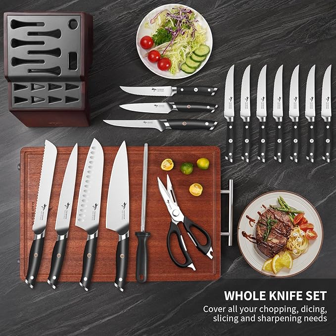 MAD SHARK Knife Set, 17 Pieces Kitchen Chef Knife Set with Block, Precision Forged High Carbon Stainless Steel Ultra Sharp Knives Block Sets, Home Cooking Perfect Cutlery Set Gift Box