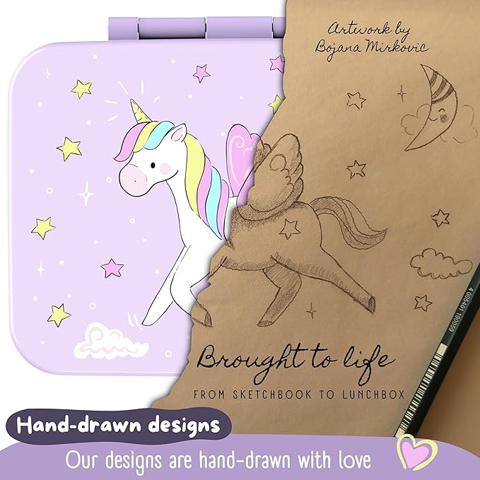 BEARFOOT Kids Lunch Box with Compartments – Compact & Lightweight | Leak-Proof, BPA-Free, Dishwasher & Microwave Safe | Hand-Drawn Design for Preschool, School, Travel (Unicorn Purple, 2.75 Cups)