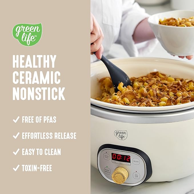 GreenLife 8QT Slow Cooker, Non-Toxic PFAS-Free Ceramic Nonstick Removable Interior Bowl, Programmable, Family Friendly, Keep Warm, Stovetop & Oven Safe, Dishwasher Safe Parts, Timer, Glass Lid, Cream
