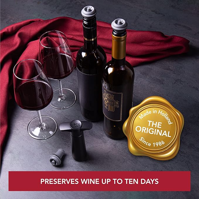 Vacu Vin Wine Saver Pump Red with Vacuum Wine Stopper - Keep Your Wine Fresh for up to 10 Days - 1 Pump 8 Stoppers - Reusable - Made in the Netherlands