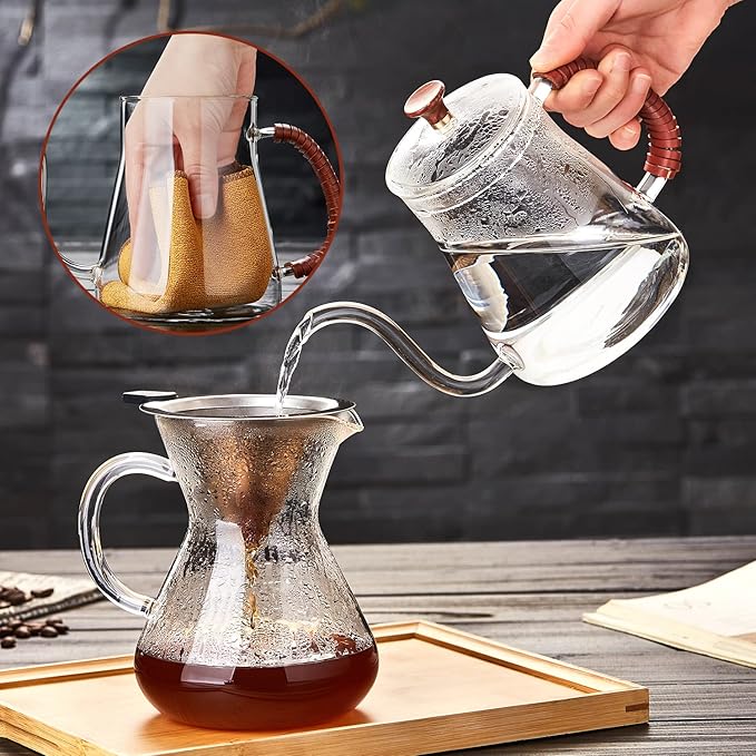 Unbreakable Gooseneck Kettle for Drip Coffee, 20oz/600ml Glass Coffee Kettle with Lid