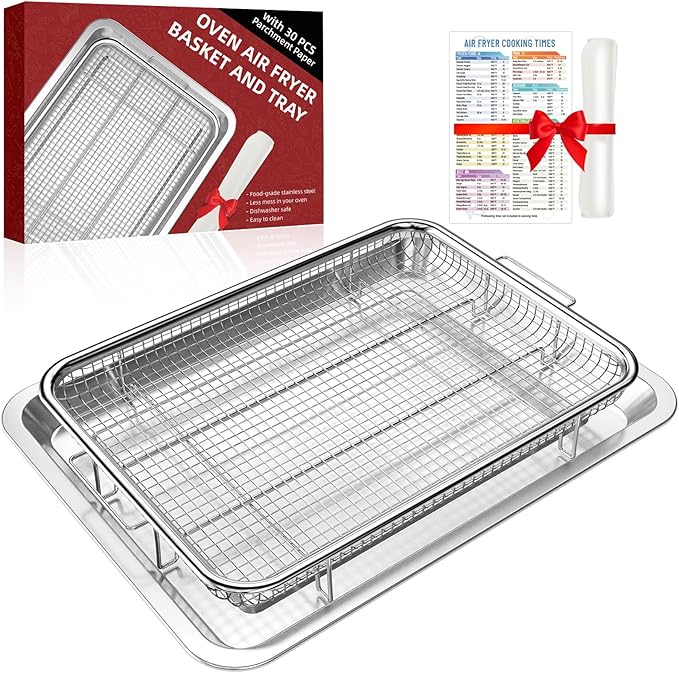 Air Fryer Tray for Oven, Oven Air Fryer Basket and Tray with Cooking Guide and 30 PCS Parchment Papers, DEGOVIN Crisper Non-stick Stainless Steel Air Fry Pan for Convection Oven(15.8" × 11")