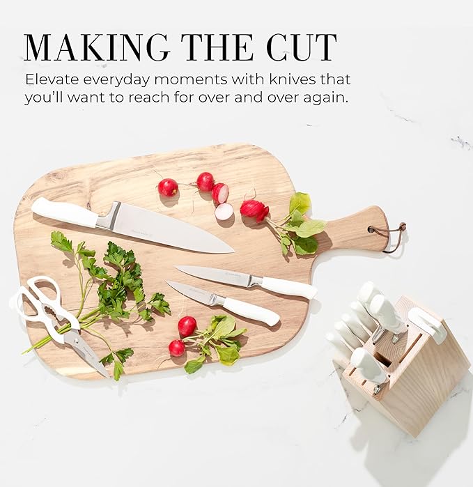 Styled Settings White Knife Set with Block and Sharpener – 14-Piece High Carbon Stainless Steel Knives with Ashwood Block and Built-In Sharpener – Durable White Kitchen Accessories for Cooking