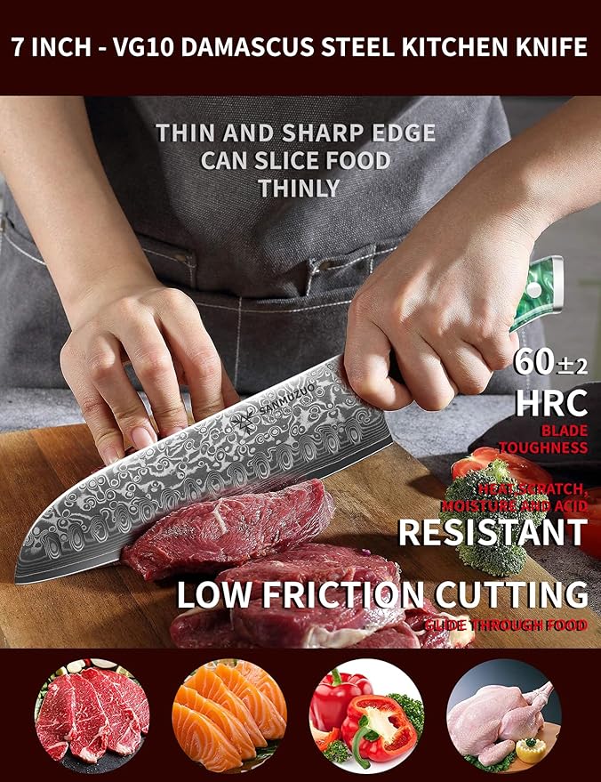 Santoku Knife - 7 inch - Xuan Series - VG10 Damascus Steel Kitchen Knife - Resin Handle (Jade Green)