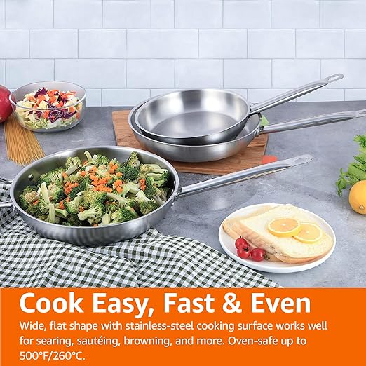 Amazon Basics 3-Piece Stainless Steel Aluminum-Clad Fry Pan Set with 8", 9 1/2", and 12"