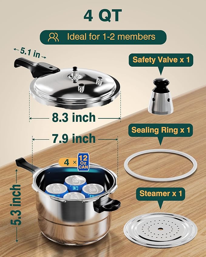 WantJoin Pressure Cooker Stainless Steel 4 Qt, Commercial Stove Top Pressure Cooker Pot Used for Pressure Foodie or Steaming, Compatible with Gas & Induction Cooker