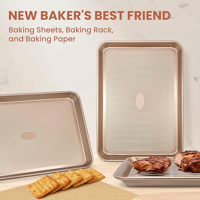 2 Pack 17'' Baking Sheet Set with Rack and Parchment Paper (2 Pans + 2 Racks + 50 Papers), Non-Stick Cookie Sheet with Food Cooling Rack, Heavy Duty & Warp Resistant, Large Baking Pan