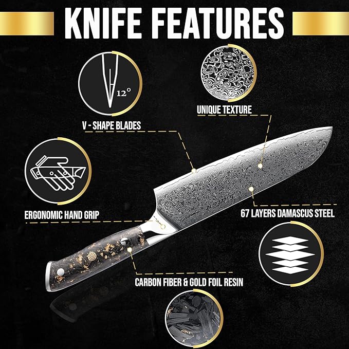SliceElite Elite Series 7 Inch Santoku Knife VG10 Damascus Steel Forged Carbon Fiber Handle Dual Protection Cutting Kitchen Tool Sharp Vegetable Meat Chopping BBQ Chef Slicing Cleaver Camping Butcher