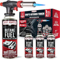 Butane Torch Lighter w/ 4 x 8oz. Butane Fuel Tin Canister Combo, Refillable Kitchen Torch & Adjustable Flame Cooking Torcher for Creme Brulee, Dessert, Meats, Indoor & Outdoor BBQ by Chef Master 90022