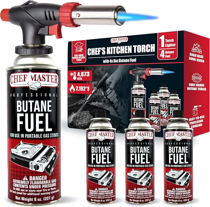 Butane Torch Lighter w/ 4 x 8oz. Butane Fuel Tin Canister Combo, Refillable Kitchen Torch & Adjustable Flame Cooking Torcher for Creme Brulee, Dessert, Meats, Indoor & Outdoor BBQ by Chef Master 90022