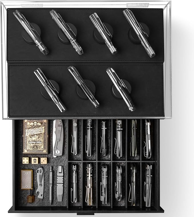 Premium Pocket Knife Display Case for 30 Knives - Large Wooden Knife Organizer, Storage & Holder with Unique Pillars, Hinged Cover, Drawer - Knife Collection Box - Handcrafted for Men