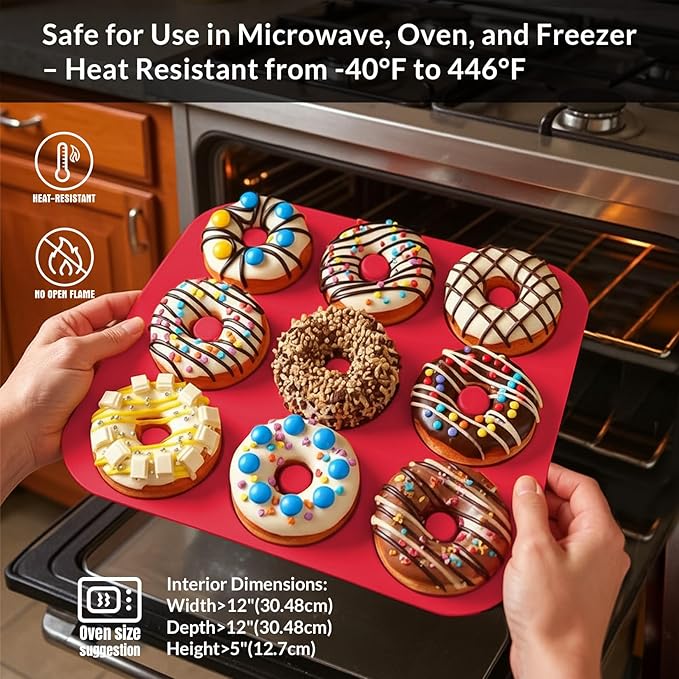 Large Silicone Donut Pan for Baking, 9 Cavity Non-Stick Food Grade Silicone Donut Molds, Doughnut Pan and Bagel Pans for Baking & Kitchen, BPA Free 11.2 x 11.1 Inches, Dishwasher Safe - Bright Red