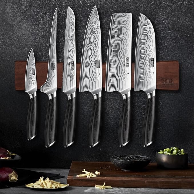 HOSHANHO 7 Pieces Knife Set with Magnetic Knife Holder, Ultra Sharp Powder Steel Kitchen Knives Set, Professional Chef Knife Sets with Ergonomic Pakkawood Handle