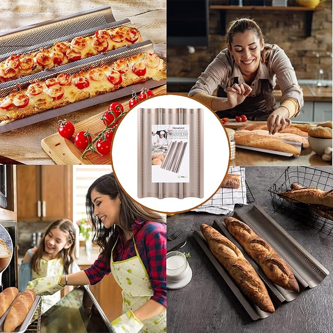 Hesanzol Baguette Pans for Baking 15" x 11", Carbon Steel 3 Loaf Nonstick Baguette Baking Tray for French & Italian Perforated French Bread Pan (2pack - Gold)