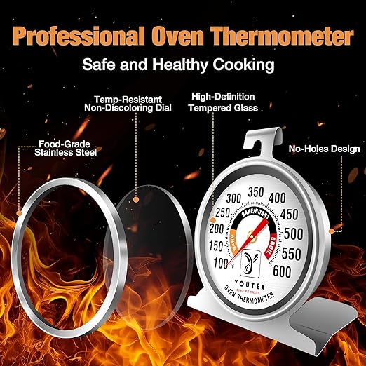 2-Pack Oven Thermometer, Upgraded 100-600°F No-Holes Non-Discoloring Easy-to-Clean for Healthier Cooking, Easy-to-Read with Large Bright Numbers for Gas & Electric Ovens, Grills, and Smokers